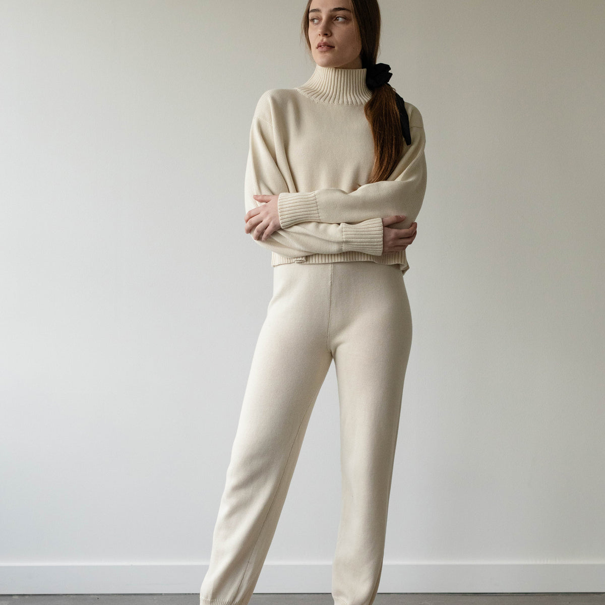 【HI FI FNK】Pear Ivory Cotton Pants HIGH SPORT Kick cropped jacquard-knit stretch-cotton flared